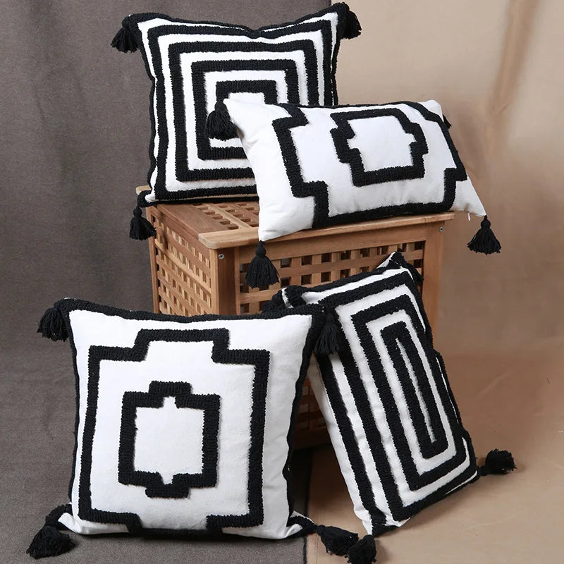 Kreative Nordic Werfen Tufted Kissen Fall Hand Stickerei Geometrie Home Decor Kissen Abdeckung Sofa Retro Schwarz Weiß Kissen Abdeckung