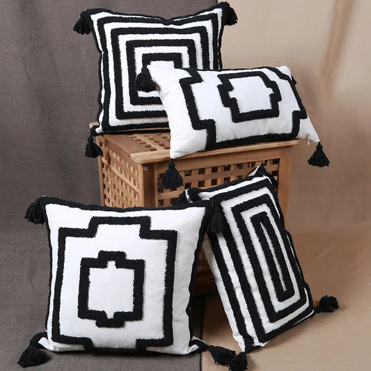 Kreative Nordic Werfen Tufted Kissen Fall Hand Stickerei Geometrie Home Decor Kissen Abdeckung Sofa Retro Schwarz Weiß Kissen Abdeckung