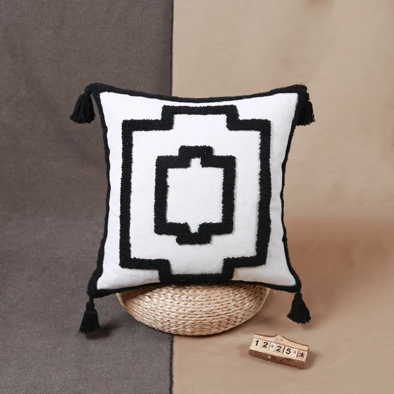 Kreative Nordic Werfen Tufted Kissen Fall Hand Stickerei Geometrie Home Decor Kissen Abdeckung Sofa Retro Schwarz Weiß Kissen Abdeckung