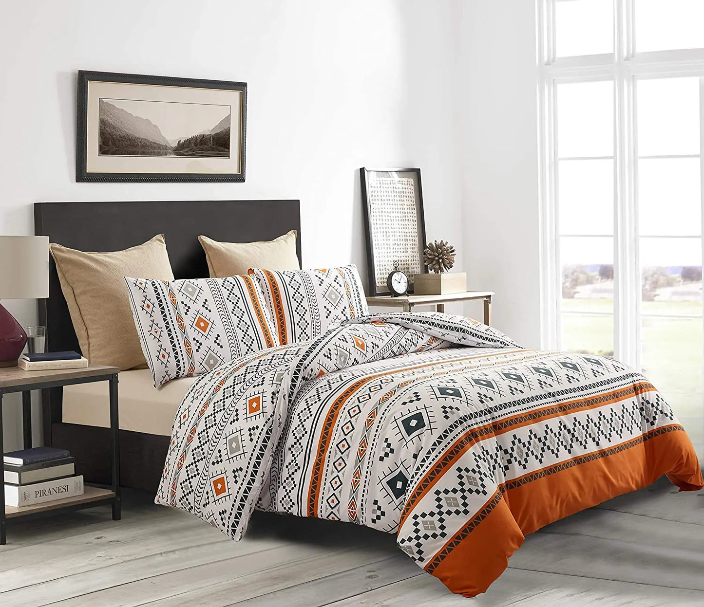 Bohemian Duvet Cover Set Full/Queen Size Boho Orange Comforter Cover Set Geometric Lightweight Soft Chic Breathable Bedding Set