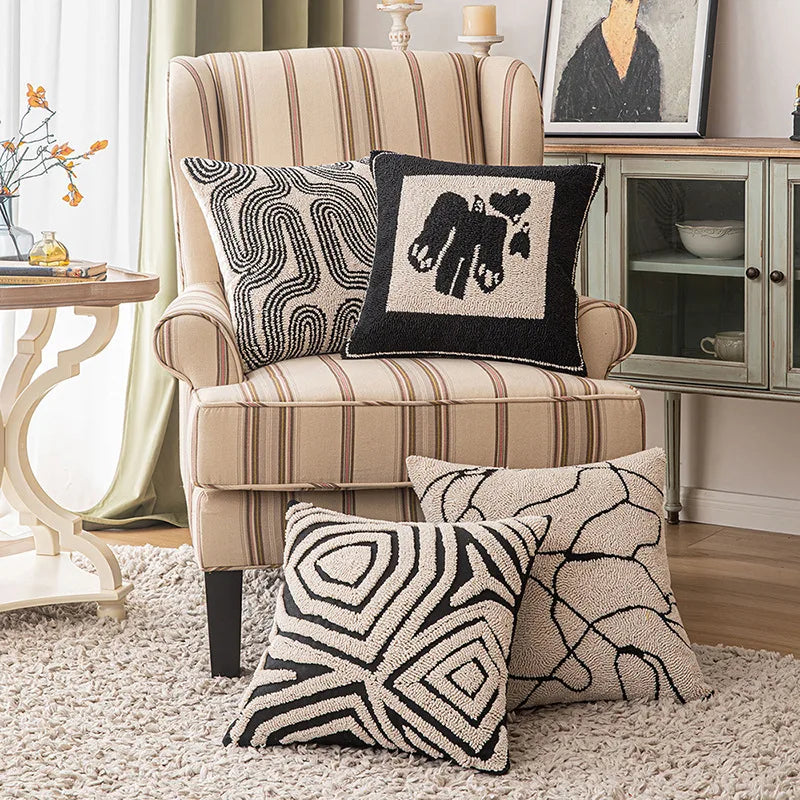 Neuer geometrischer, abstrakter, bestickter Kissenbezug, modernes Beige