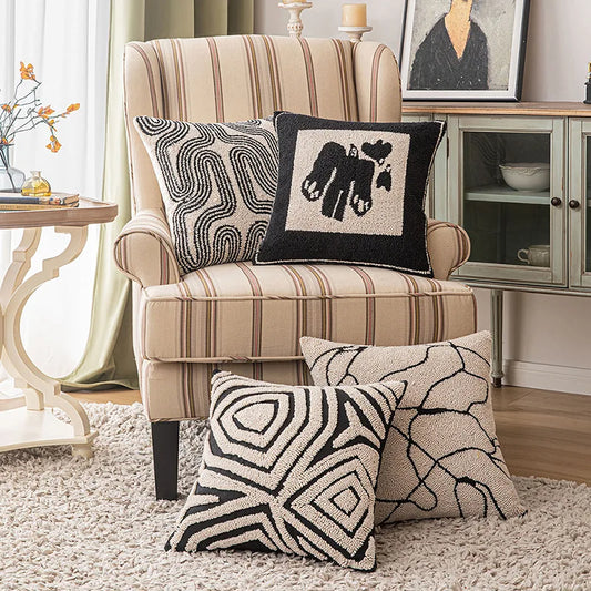 Neuer geometrischer, abstrakter, bestickter Kissenbezug, modernes Beige