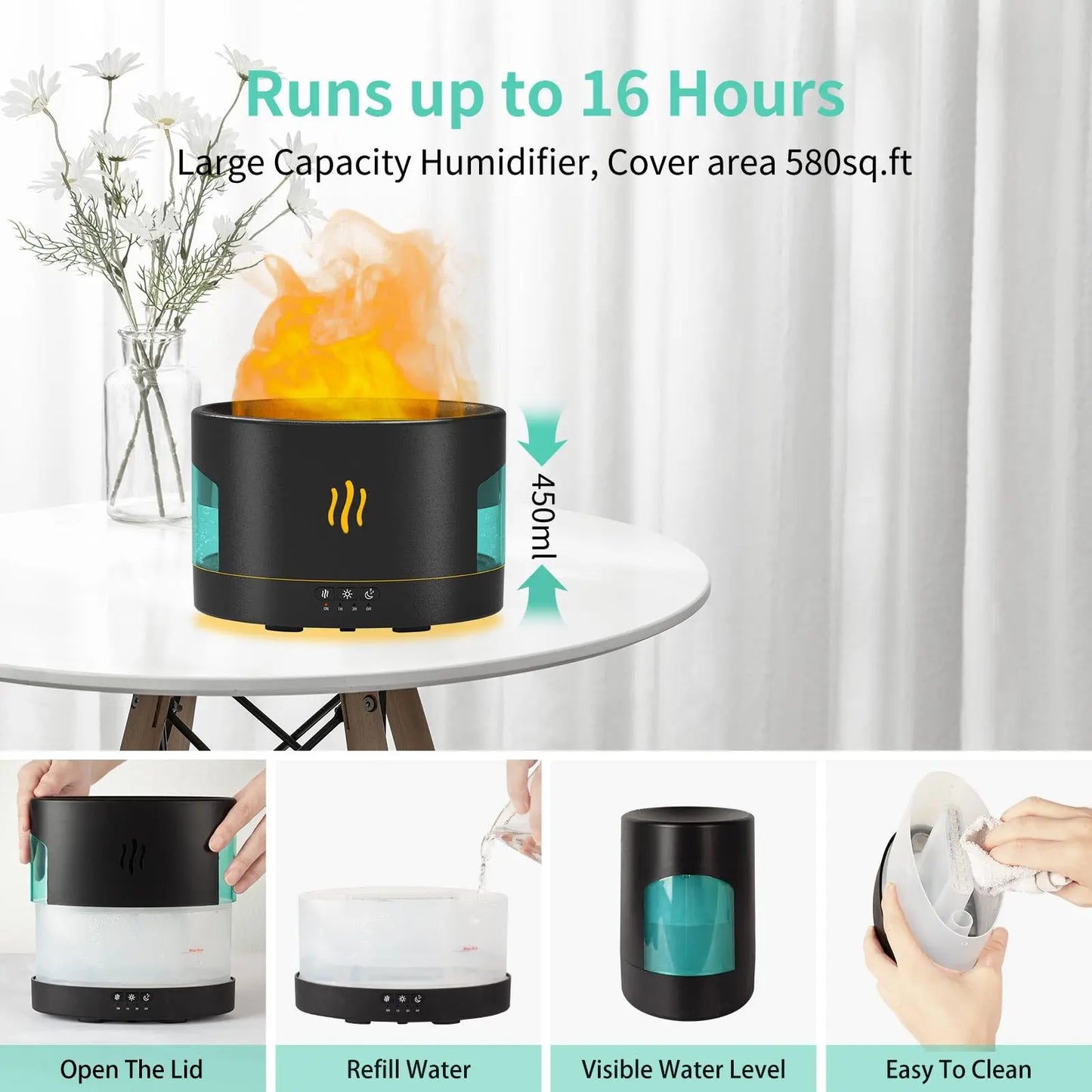 450 ml Flamme Luftbefeuchter Aromatherapie Diffusor RGB Ultraschall Aromatische Essenzen Haus Luftbefeuchter Bedoom mit Bluetooth Audio
