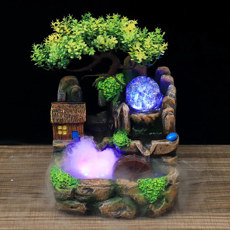 Led-Leuchten Harz Steingarten Fließender Wasserbrunnen, Büro-Desktop-Ornamente