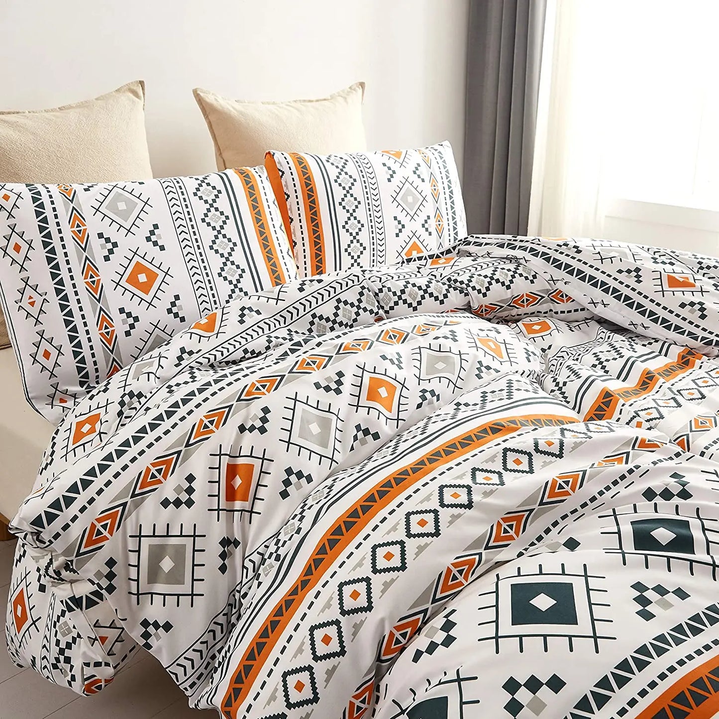 Bohemian Duvet Cover Set Full/Queen Size Boho Orange Comforter Cover Set Geometric Lightweight Soft Chic Breathable Bedding Set
