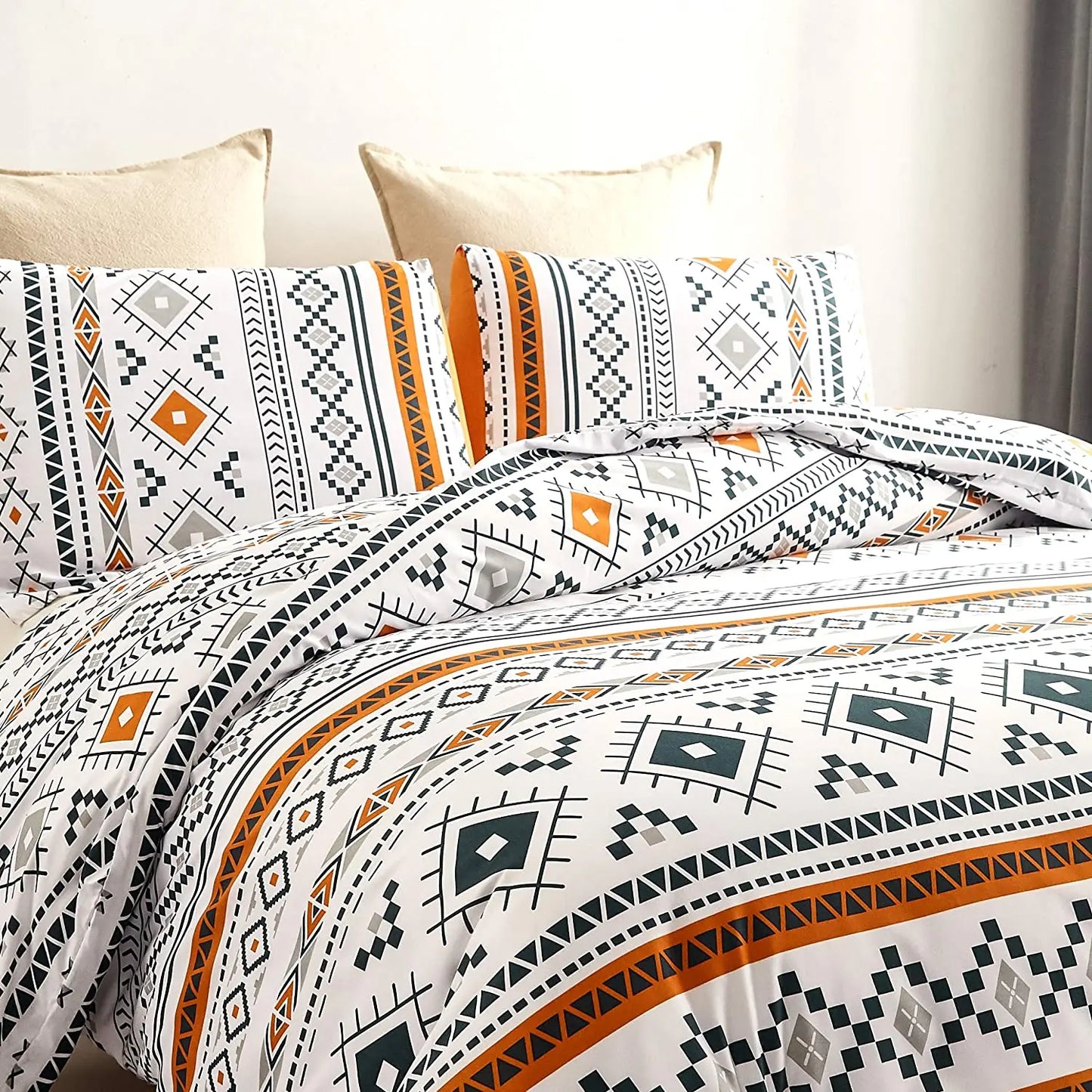 Bohemian Duvet Cover Set Full/Queen Size Boho Orange Comforter Cover Set Geometric Lightweight Soft Chic Breathable Bedding Set