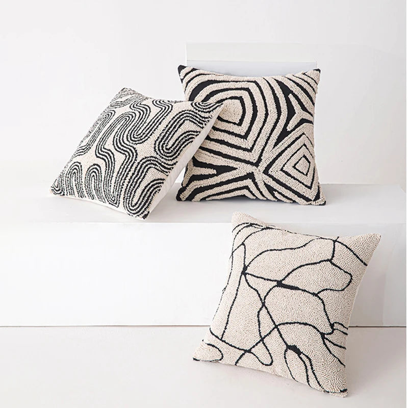 Neuer geometrischer, abstrakter, bestickter Kissenbezug, modernes Beige