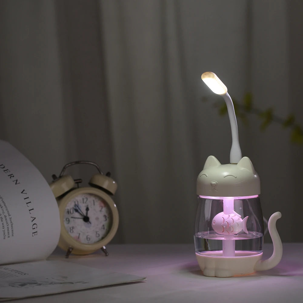 Toolikee 350ml 3in1 USB Himidifier Cat Mini Portable Ultrasonic Lovely Kitty Humidifier with Fan and Night Light Aroma Diffuser