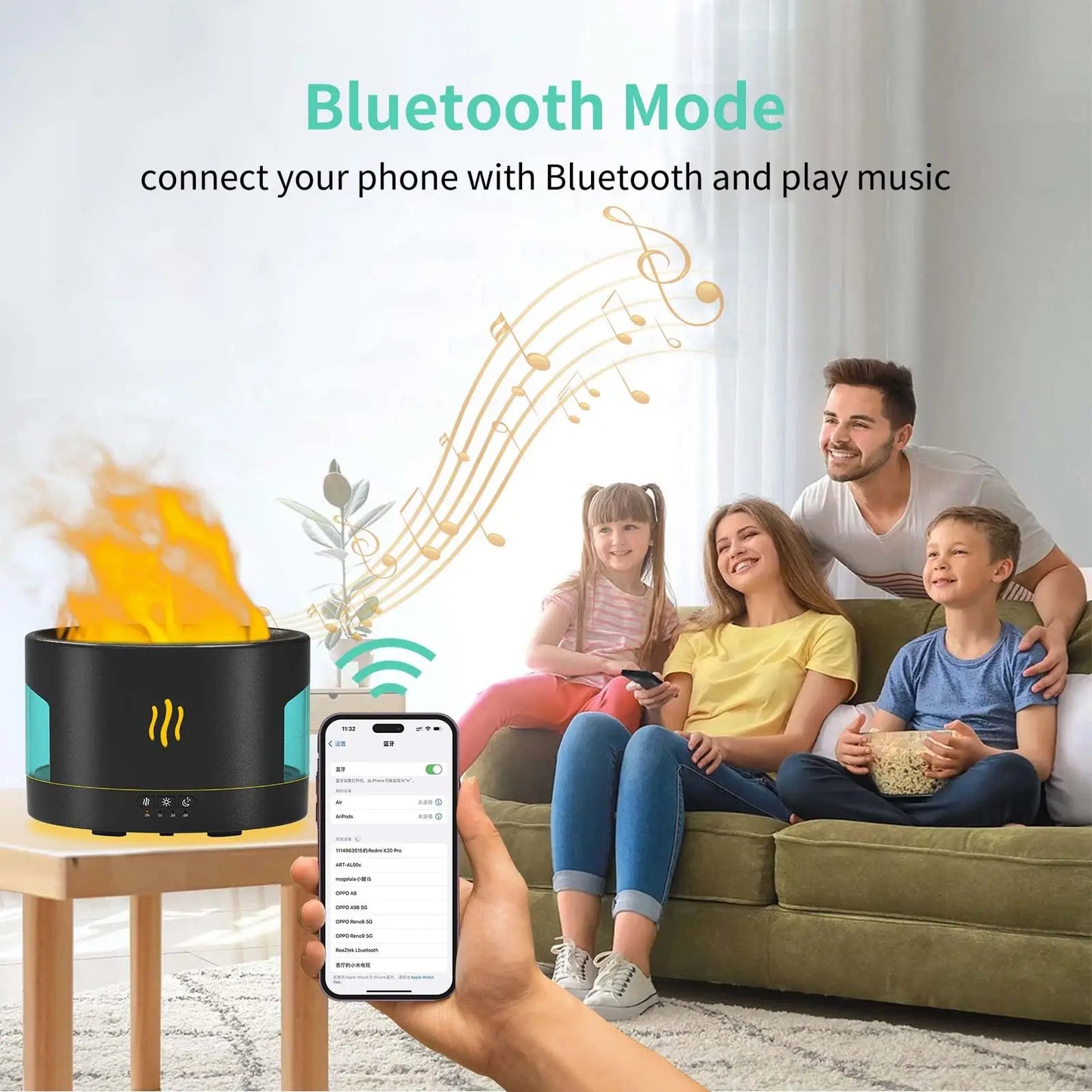 450 ml Flamme Luftbefeuchter Aromatherapie Diffusor RGB Ultraschall Aromatische Essenzen Haus Luftbefeuchter Bedoom mit Bluetooth Audio