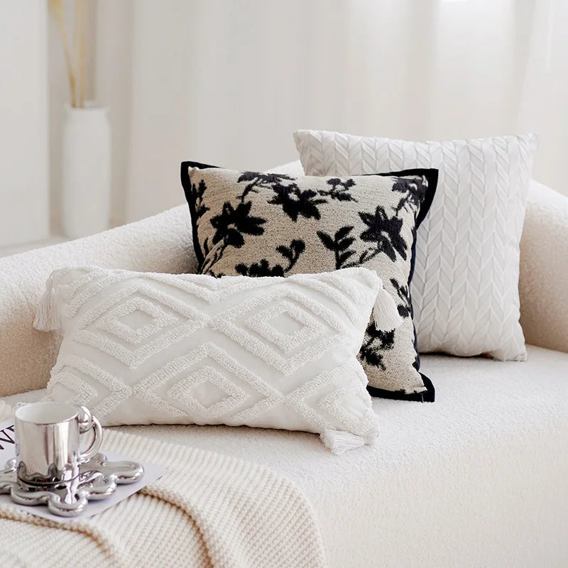 Retro Blumenkissenbedeckung, moderne und minimalistische Schwarz -Weiß -Kissen, NS,