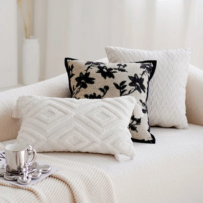 Retro Blumenkissenbedeckung, moderne und minimalistische Schwarz -Weiß -Kissen, NS,