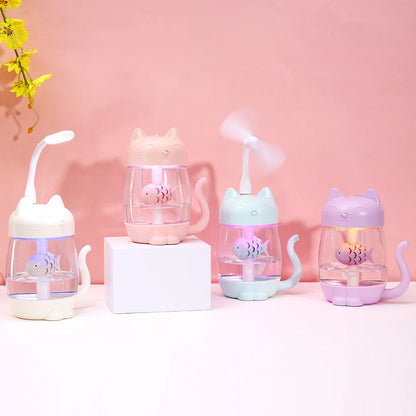 Toolikee 350ml 3in1 USB Himidifier Cat Mini Portable Ultrasonic Lovely Kitty Humidifier with Fan and Night Light Aroma Diffuser