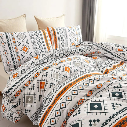 Bohemian Duvet Cover Set Full/Queen Size Boho Orange Comforter Cover Set Geometric Lightweight Soft Chic Breathable Bedding Set
