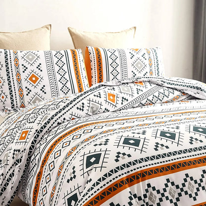 Bohemian Duvet Cover Set Full/Queen Size Boho Orange Comforter Cover Set Geometric Lightweight Soft Chic Breathable Bedding Set