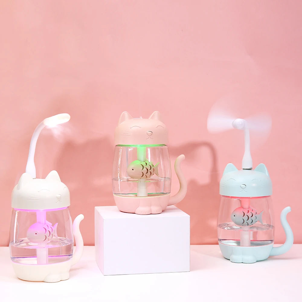 Toolikee 350ml 3in1 USB Himidifier Cat Mini Portable Ultrasonic Lovely Kitty Humidifier with Fan and Night Light Aroma Diffuser