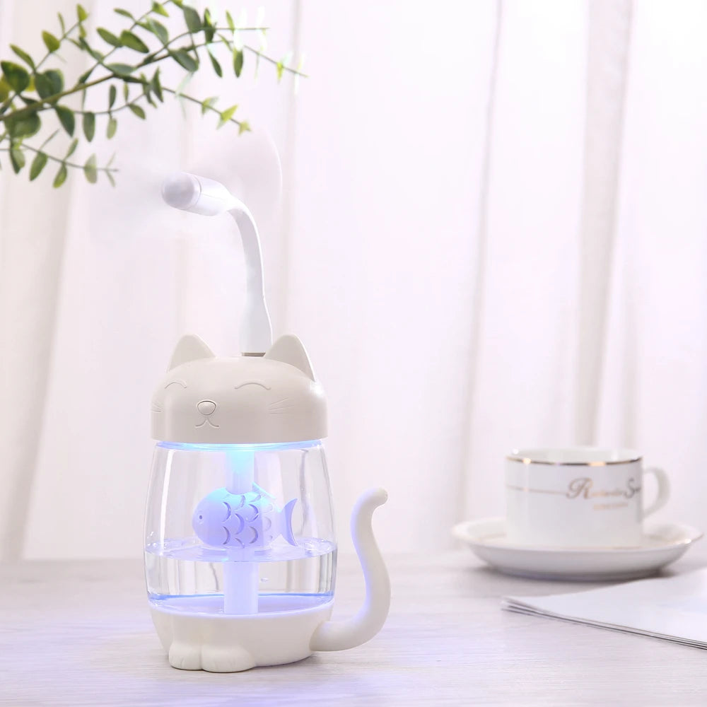 Toolikee 350ml 3in1 USB Himidifier Cat Mini Portable Ultrasonic Lovely Kitty Humidifier with Fan and Night Light Aroma Diffuser