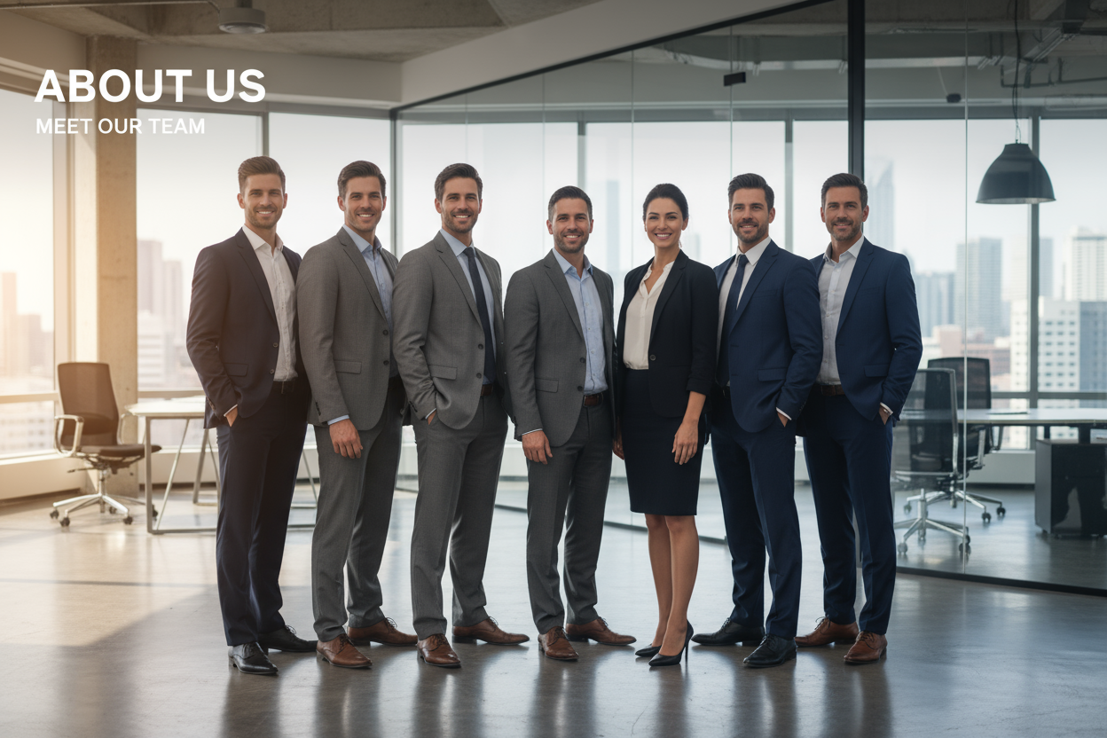 About us banner image, where show s professional business man, men and women both